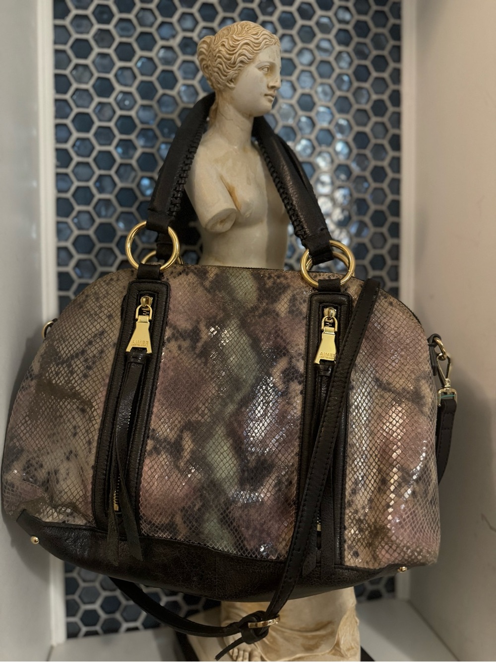 Aimee Kestenberg Women's Satchel Handbag Snake Print Leather Gold Accents